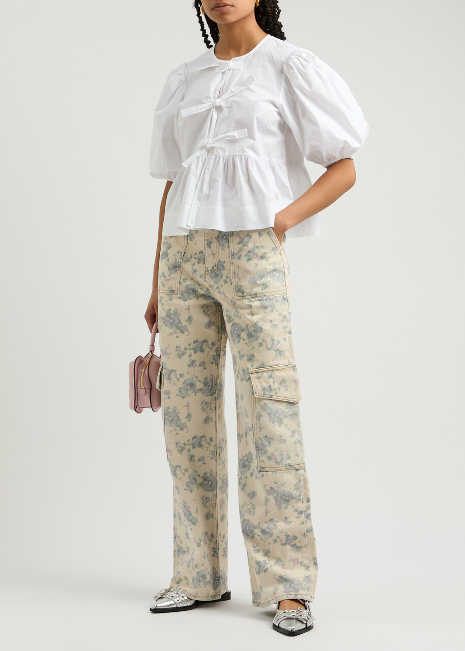【関税込み】GANNI ベージュ プリント ジーンズ Ganni Floral-print Straight-leg Cargo Jeans Beige GANNI