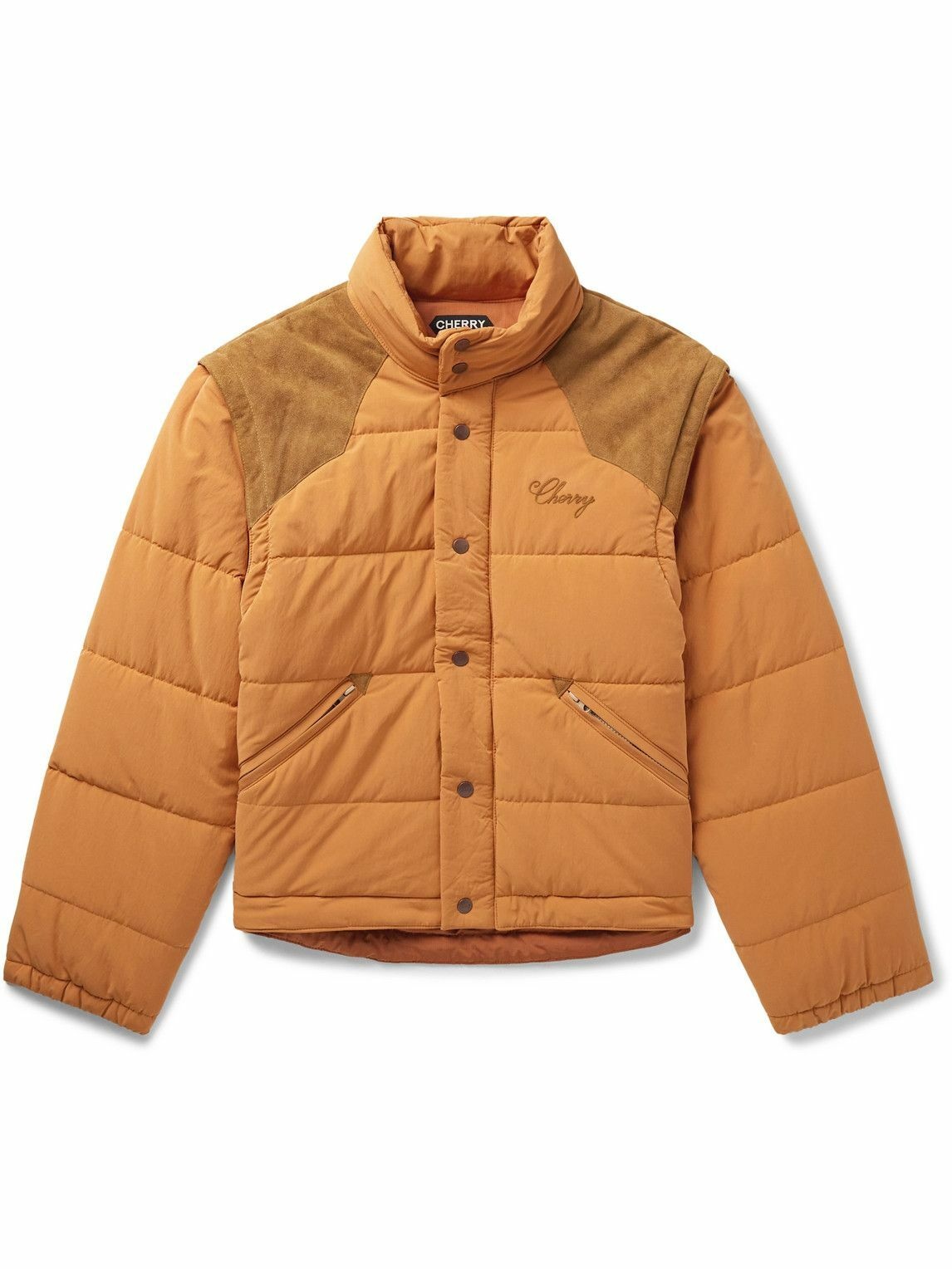 Photo: Cherry Los Angeles - Convertible Suede-Trimmed Logo-Embroidered Quilted Nylon Jacket - Orange