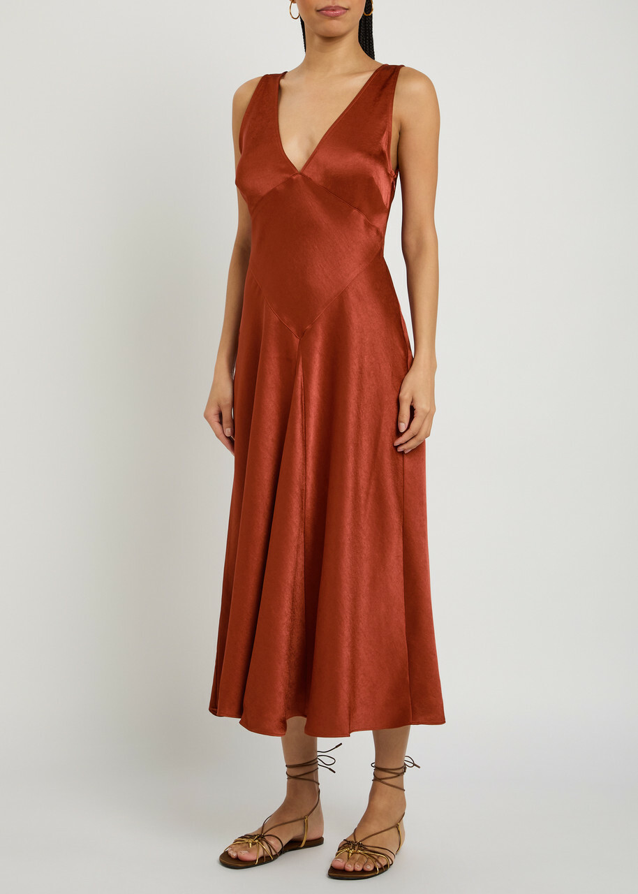 Polo Ralph Lauren V-neck Satin Midi Cocktail Dress Red