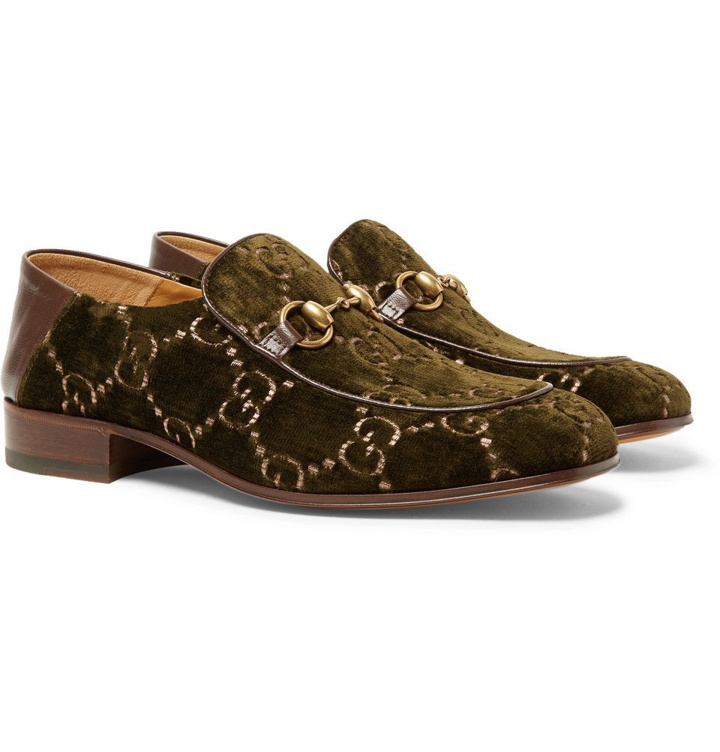 Photo: Gucci - Horsebit Collapsible-Heel Leather-Trimmed Embroidered Velvet Loafers - Men - Army green