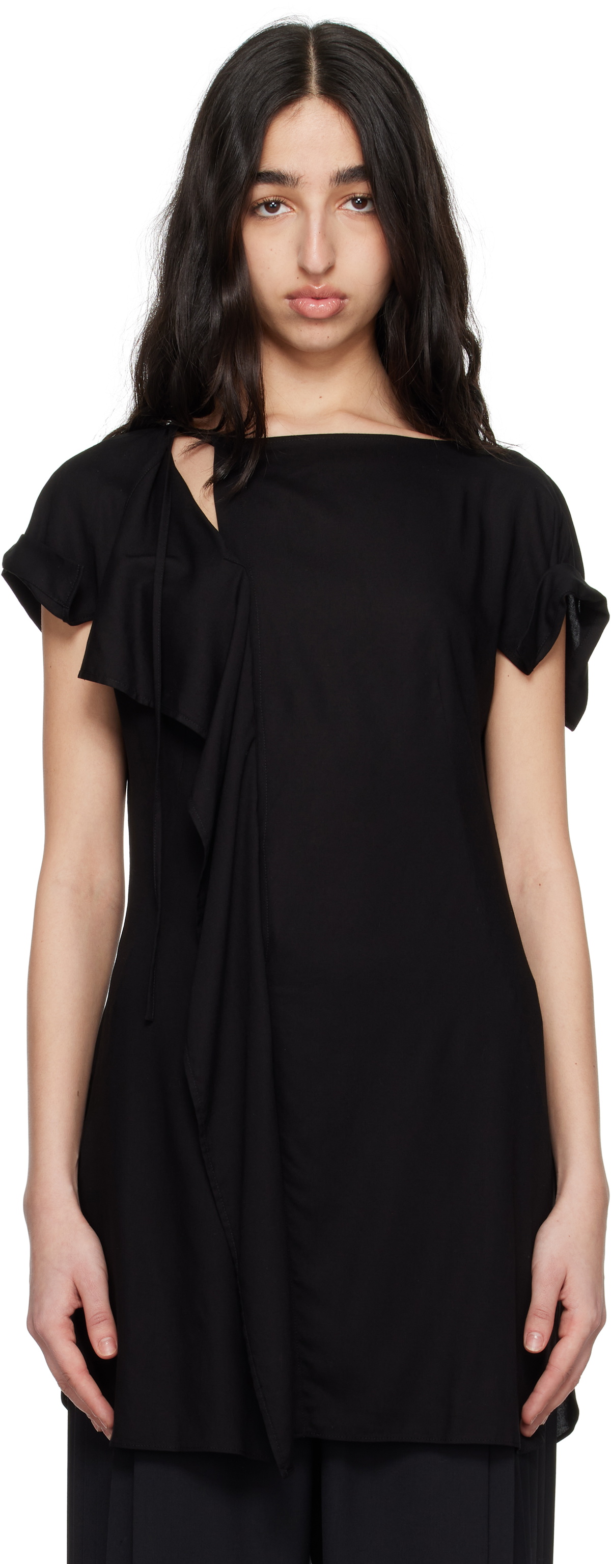 Y's Black Rayon Cambric Right Side Drape Blouse