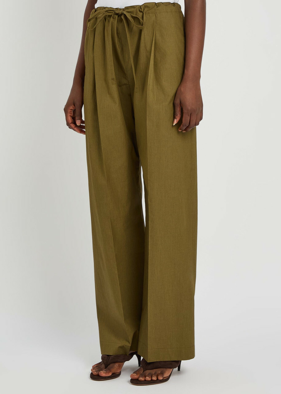 Another Tomorrow Drawstring Straight-leg Cotton-poplin Trousers Dark Green