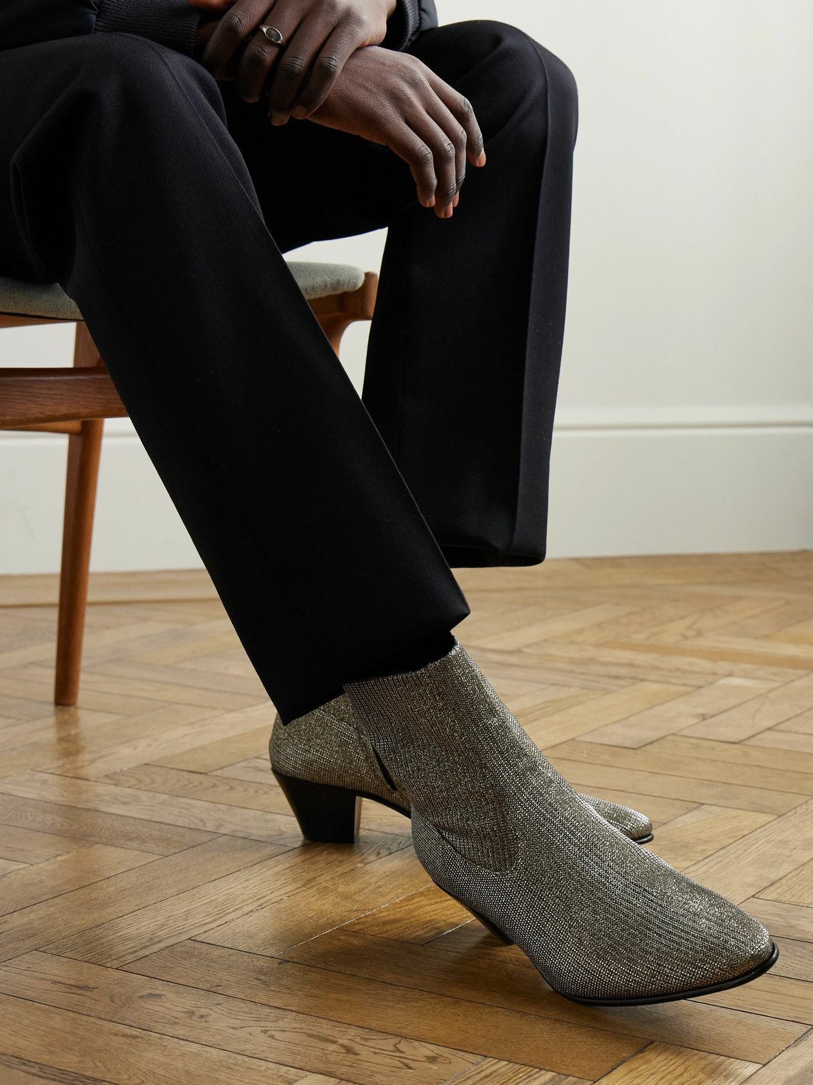 CELINE - Metallic Ribbed-Knit Chelsea Boots - Silver