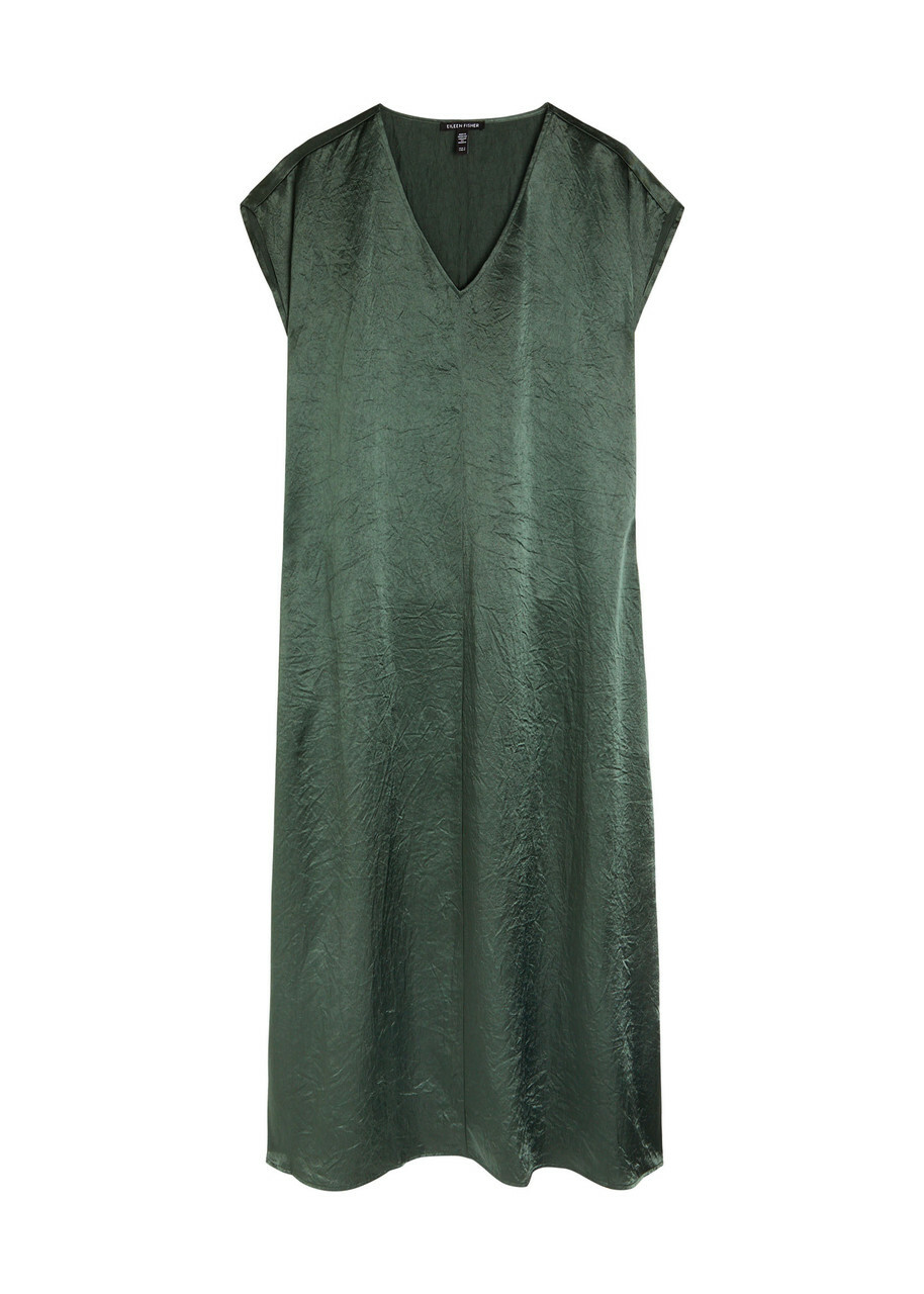 Eileen Fisher Crinkled Satin Midi Dress Dark Green