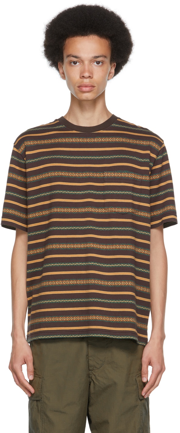 BEAMS PLUS Brown Jacquard Stripe Pocket T-Shirt Beams Plus