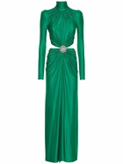 RABANNE Shiny Jersey Cutout Long Dress with Brooch