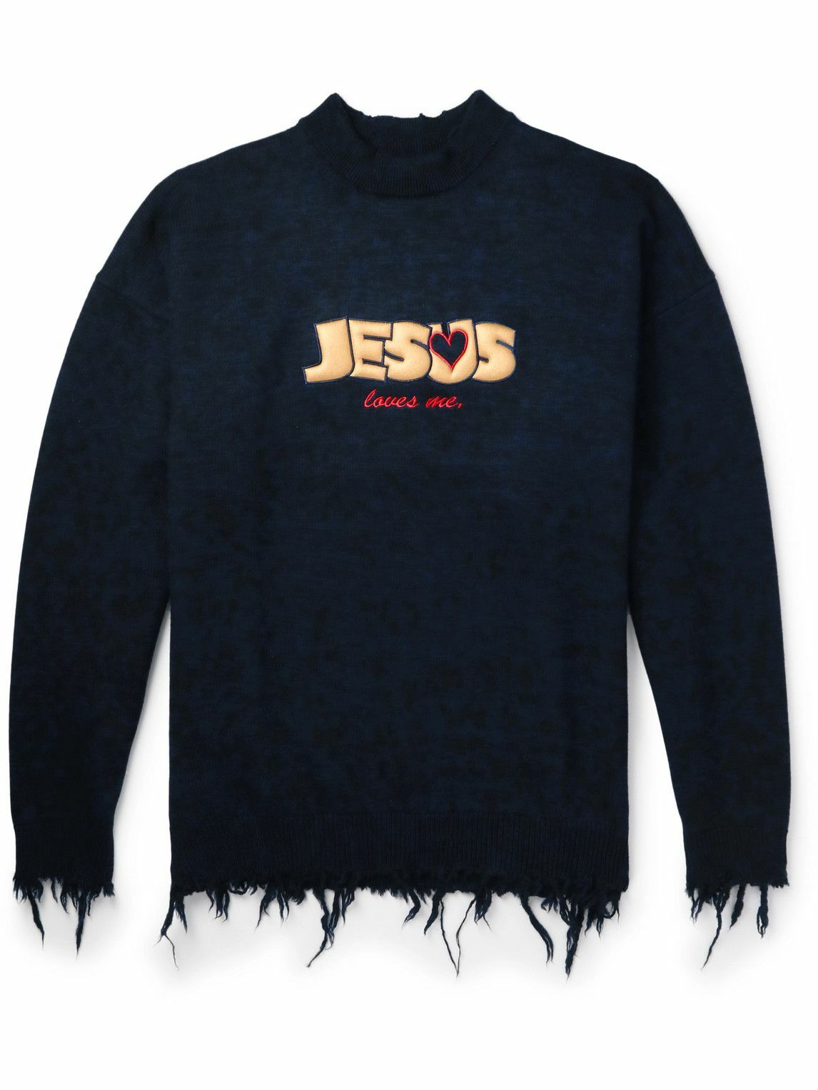 Knitted Sweater with V-Neck and Distressed Hem Detailing - Blue main image 1