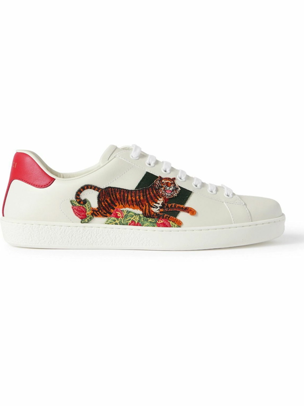 Photo: GUCCI - Ace Appliquéd Webbing-Trimmed Leather Sneakers - White