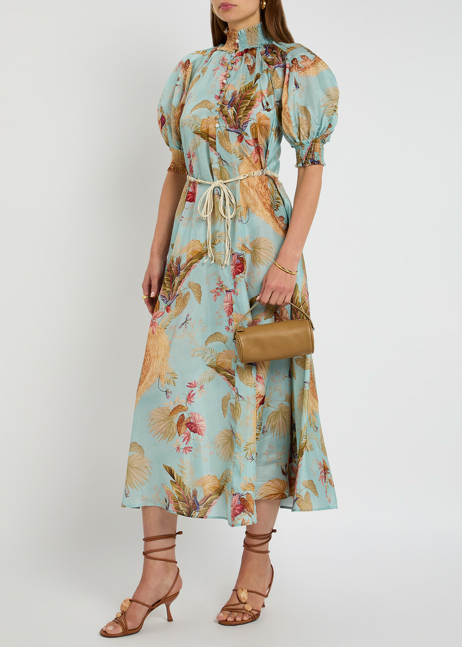 green emerald velvet dress Zimmermann Ascension Frill Midi Dress | Light Blue Palm Floral main image 0