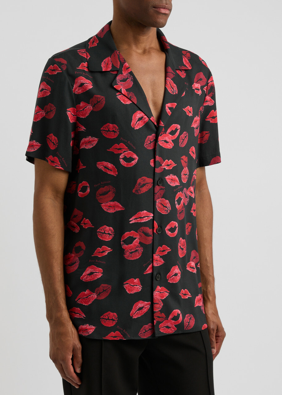 Balmain Kiss Printed Twill Shirt Black Red Balmain