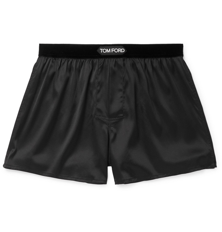 Photo: TOM FORD - Velvet-Trimmed Stretch-Silk Satin Boxer Shorts - Black