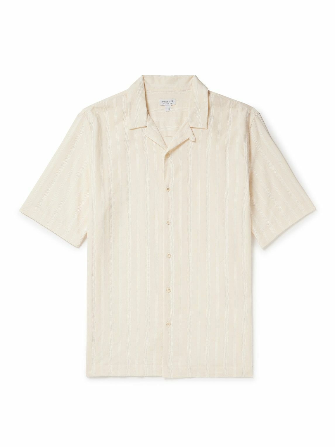 Photo: Sunspel - Convertible-Collar Embroidered Striped Cotton Shirt - Neutrals