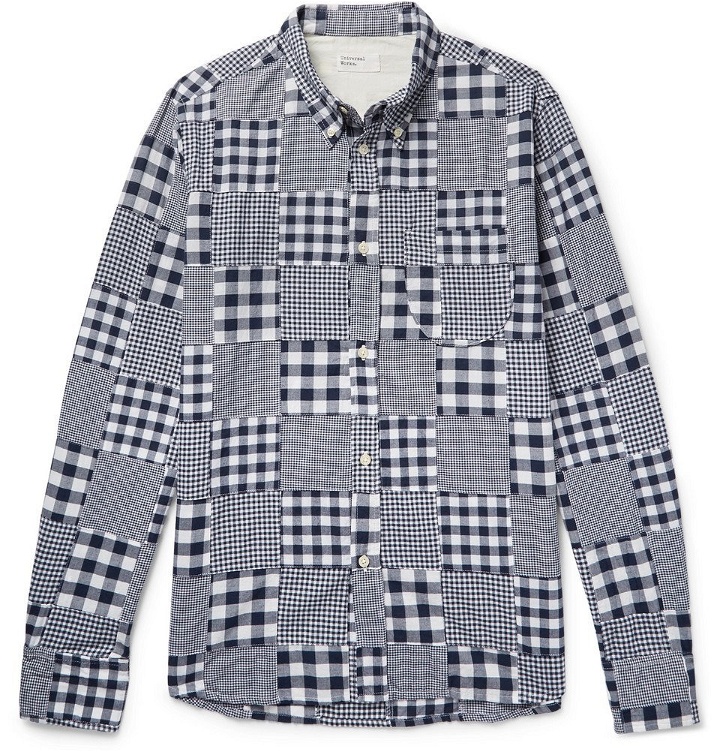 Photo: Universal Works - Button-Down Collar Patchwork Checked Cotton Shirt - Men - Navy