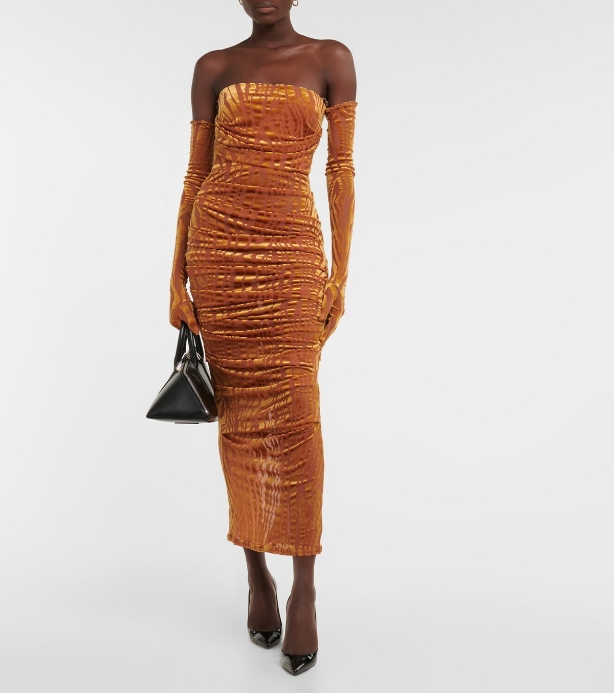 Alex Perry Brooks ruched midi dress with gloves Alex Perry