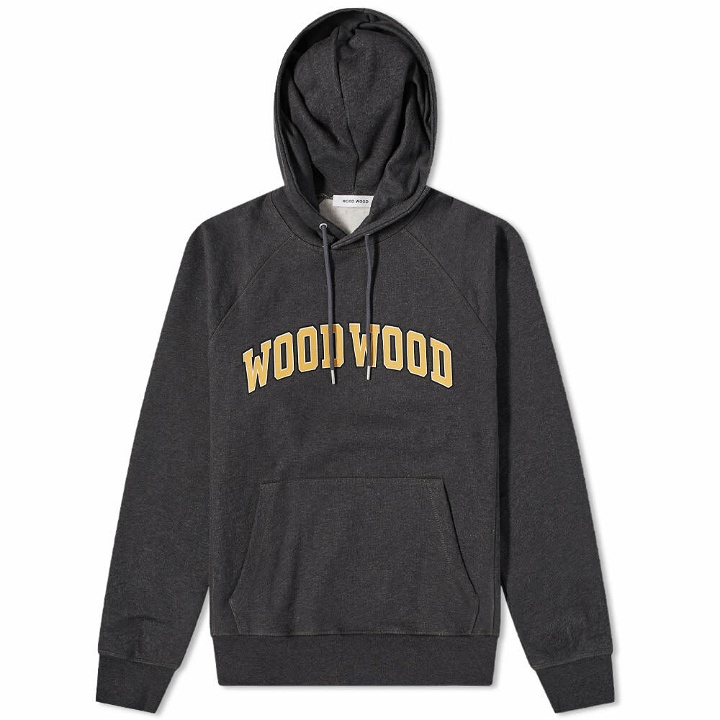 Photo: Wood Wood Men's Fred Arch Logo Popover Hoody in Dark Grey Melange