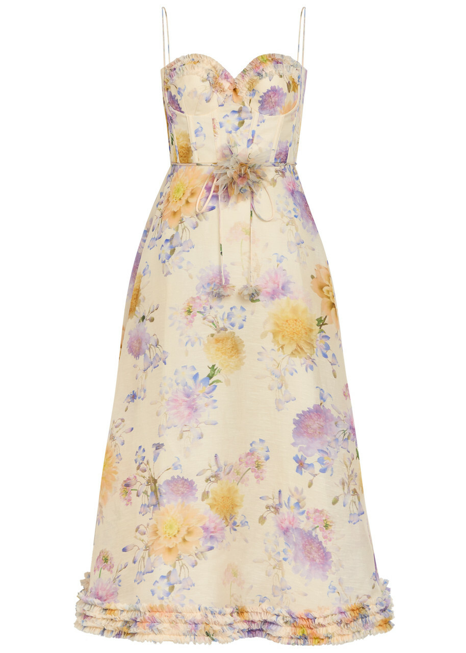 Zimmermann Luna Floral-appliquéd Linen and Silk-blend Midi Dress Cream