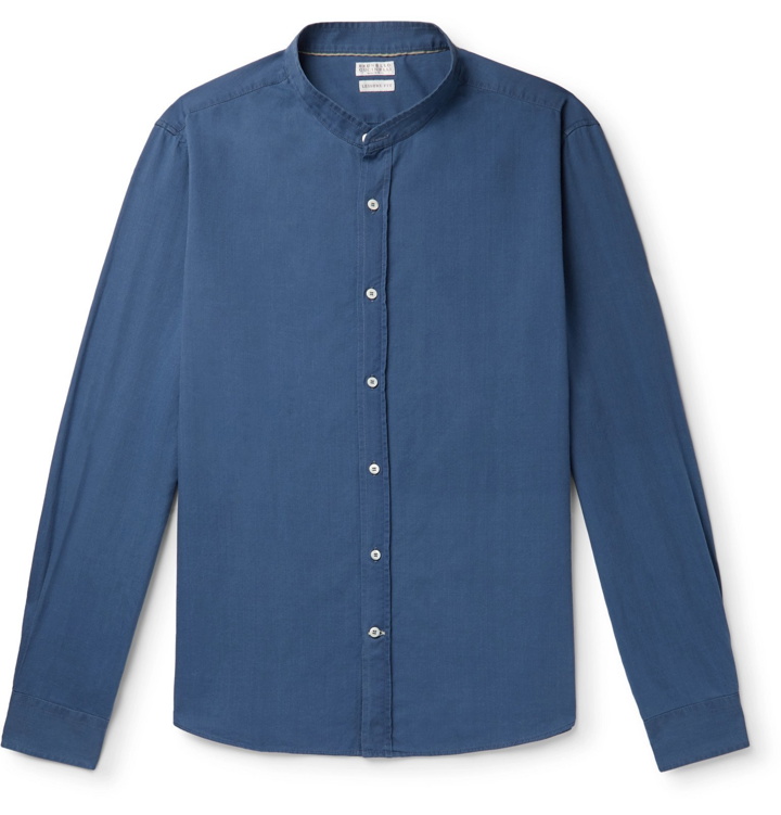 Photo: Brunello Cucinelli - Grandad-Collar Cotton-Chambray Shirt - Blue
