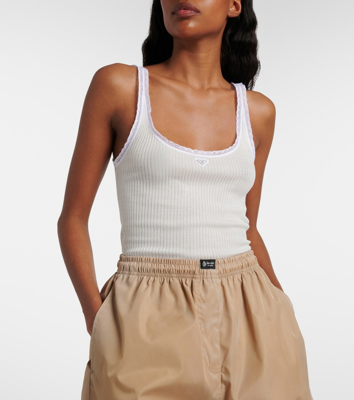 Prada Lace-trimmed ribbed-knit cotton tank top