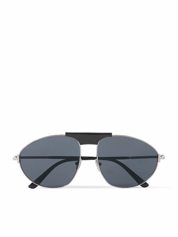 Photo: TOM FORD - Ken Aviator-Style Leather-Trimmed Silver-Tone Sunglasses