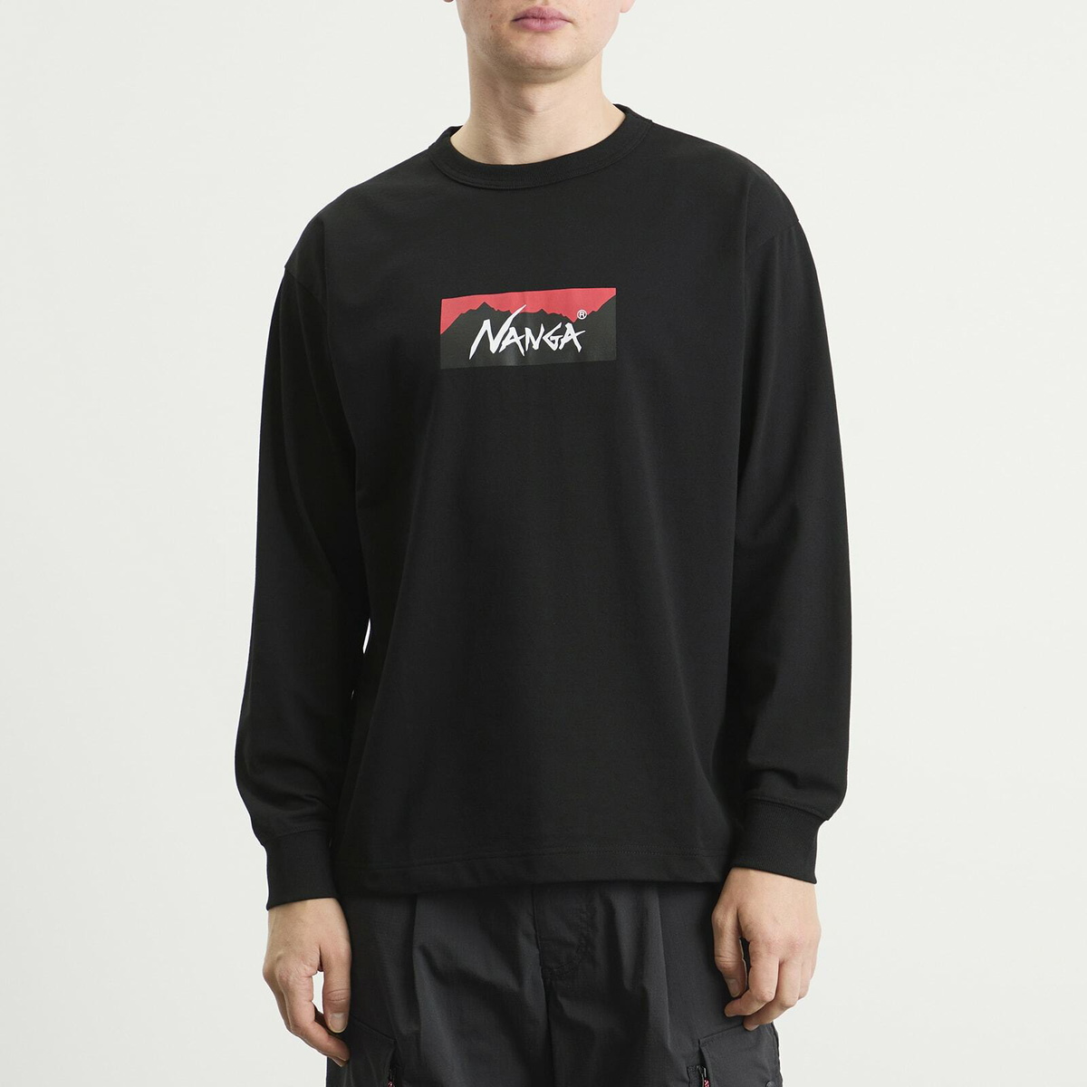 NANGA Men's Eco Hybrid Box Logo Long Sleeve T-Shirt in Black