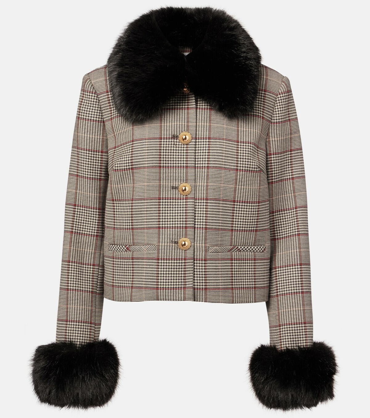 Self-Portrait Checked faux fur-trimmed jacket