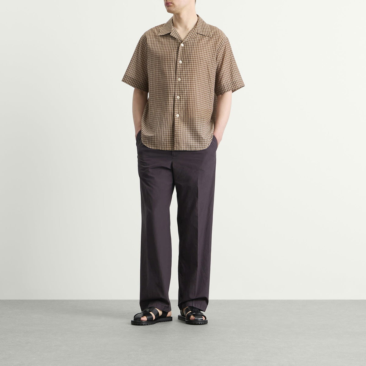 Auralee Men's Airy Light Cotton Check Shirt in Brown Gingham Check