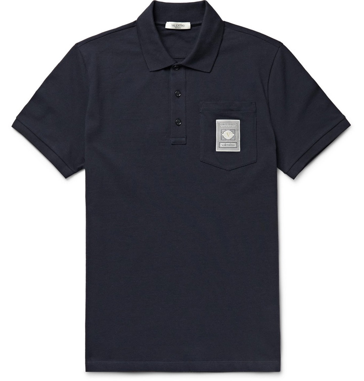 Photo: VALENTINO - Dreamatic Logo-Appliquéd Cotton-Piqué Polo Shirt - Blue