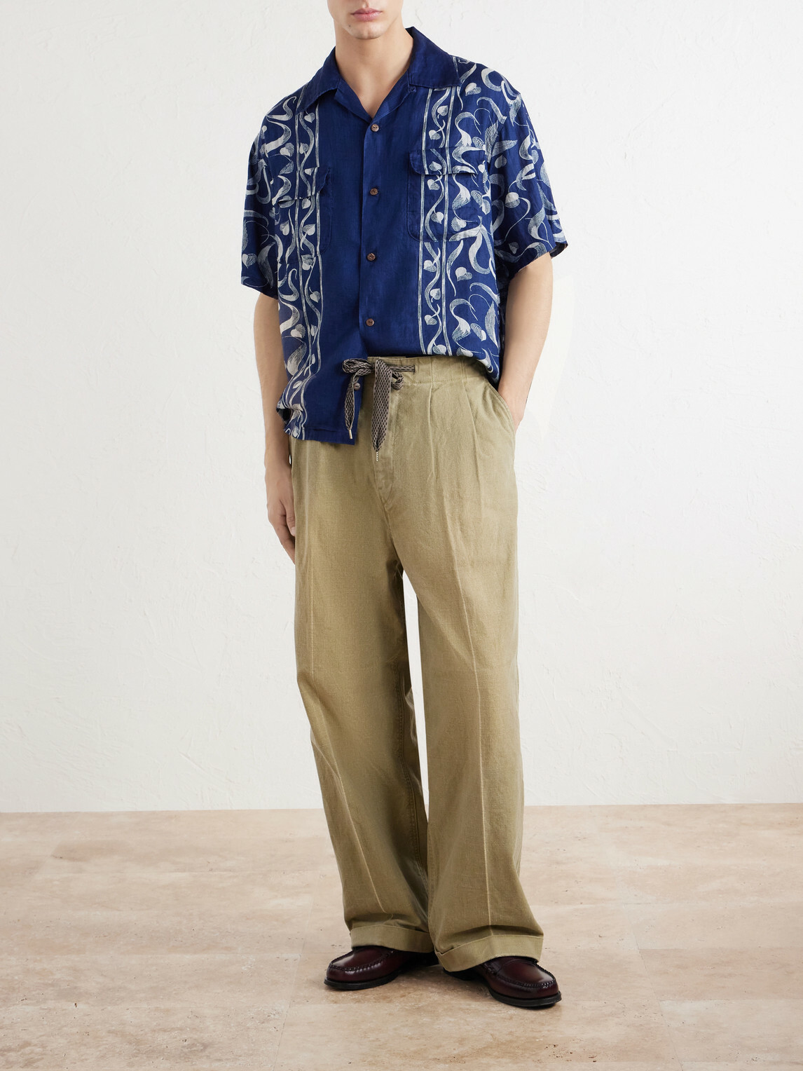 KAPITAL - Okura Camp-Collar Printed Linen Shirt - Blue