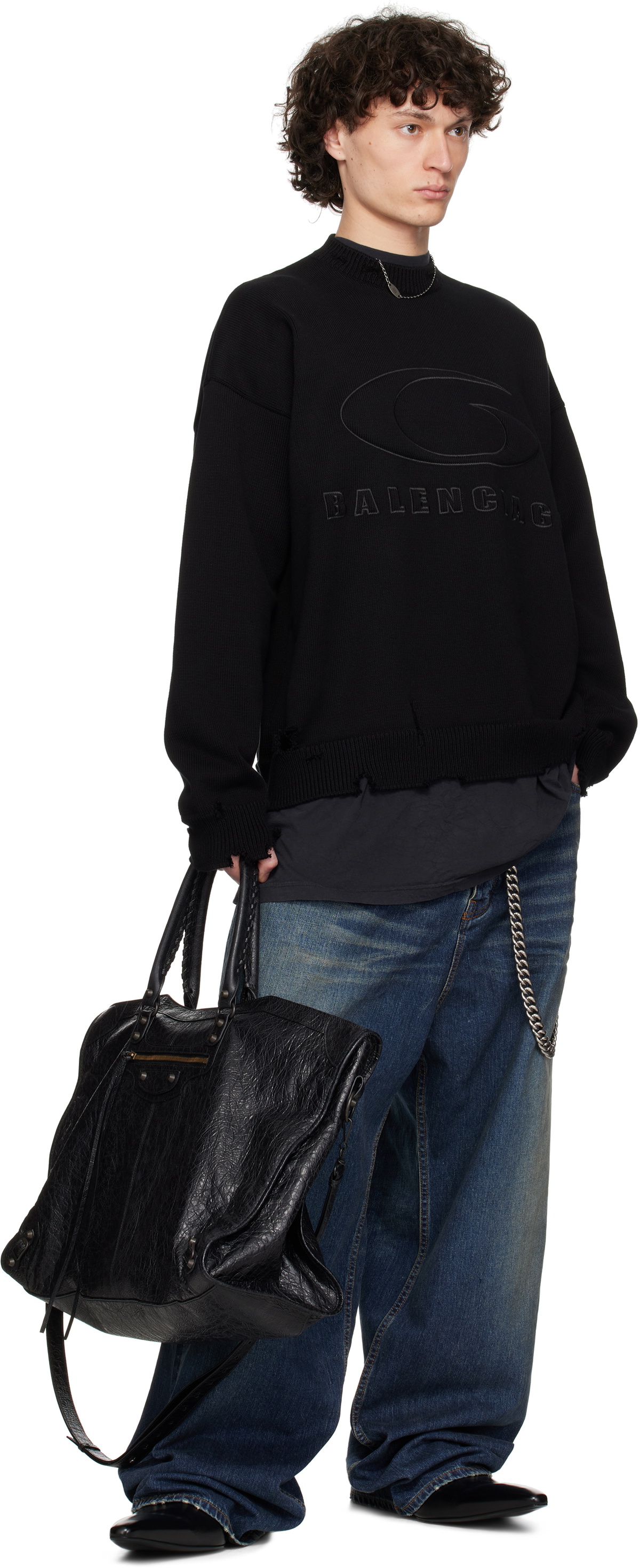 Balenciaga Black Cotton Logo Padded Knit Crewneck Sweater