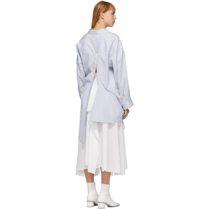 Enfold White and Green Striped Belted Asymmetric Drape Shirt