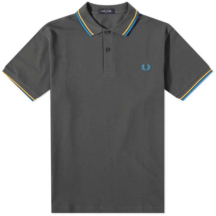 Photo: Fred Perry Men's Slim Fit Twin Tipped Polo Shirt in Gun Metal/Golden Hour/Kingfisher