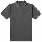 Fred Perry Men's Slim Fit Twin Tipped Polo Shirt in Gun Metal/Golden Hour/Kingfisher