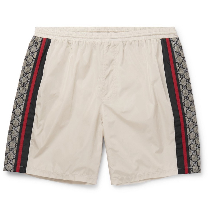 Photo: Gucci - Wide-Leg Long-Length Striped Logo-Print Swim Shorts - Ivory