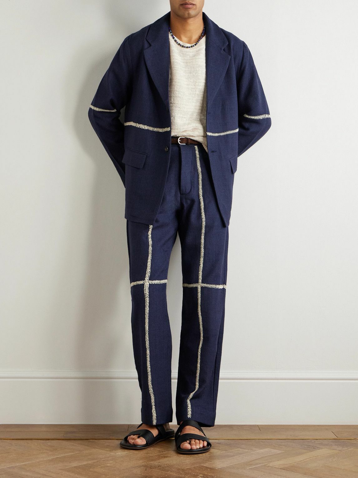 Kartik Research - Rabari Straight-Leg Embroidered Textured-Wool Trousers - Blue
