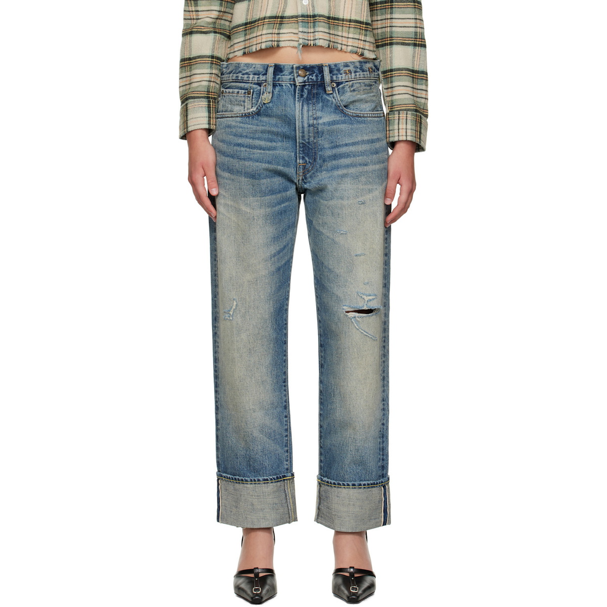 R13 Blue Cuffed Boyfriend Jeans