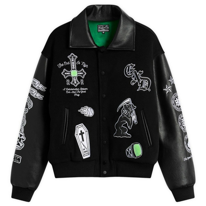 Photo: END. X The Great Frog Varsity Jacket in Black/Emerald