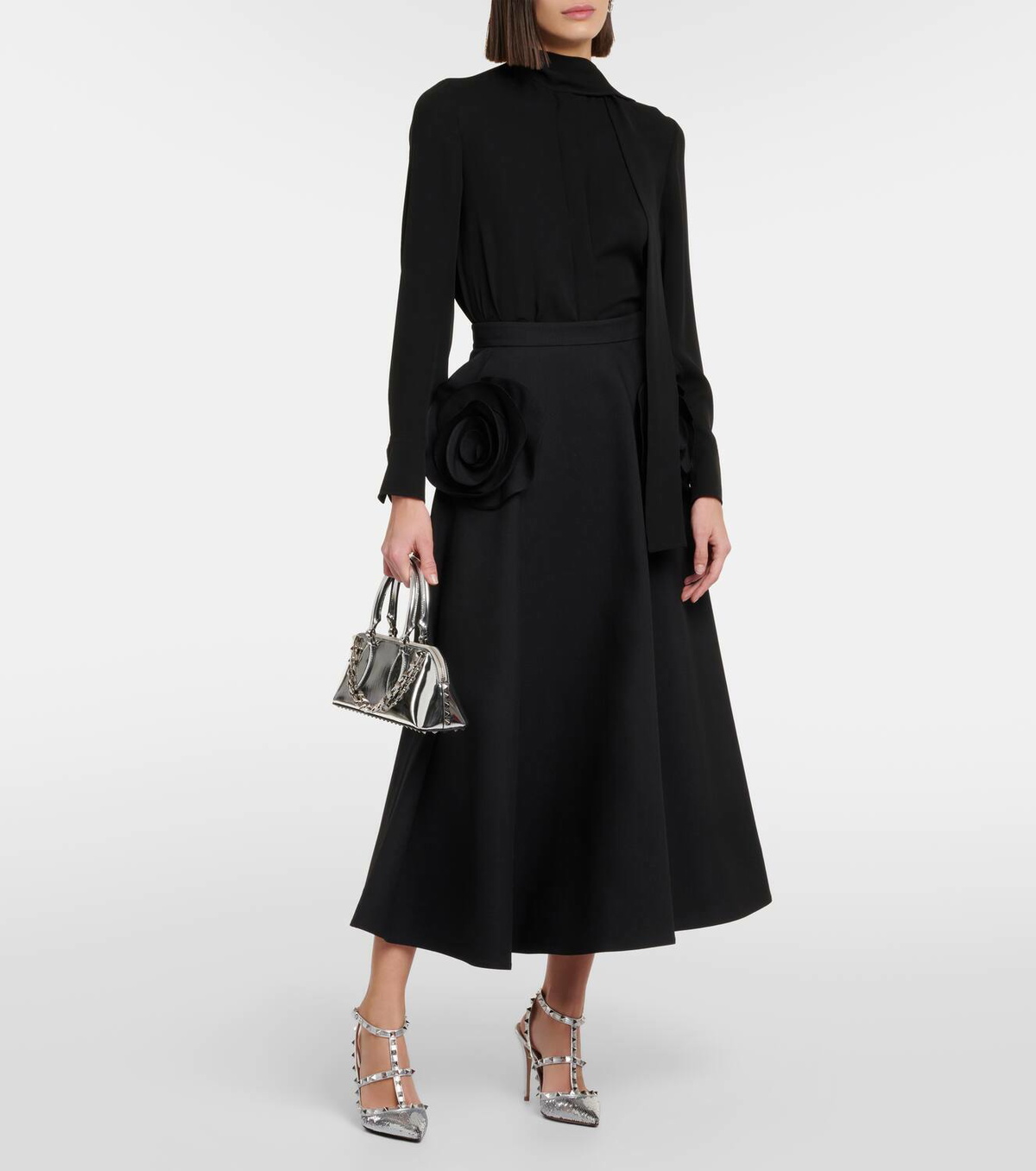 Valentino Floral-appliqué wool and silk midi skirt Valentino