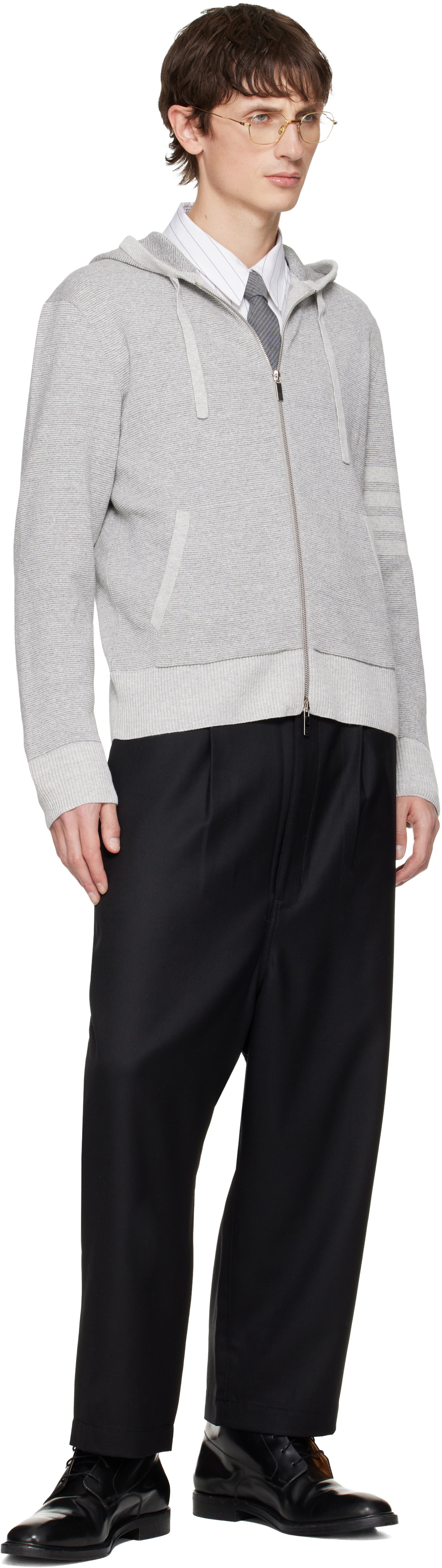 Thom Browne Gray Textured Striped Stitch 4-Bar Relaxed Fit Hoodie