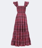 Rixo Kendall shirred plaid cotton maxi dress
