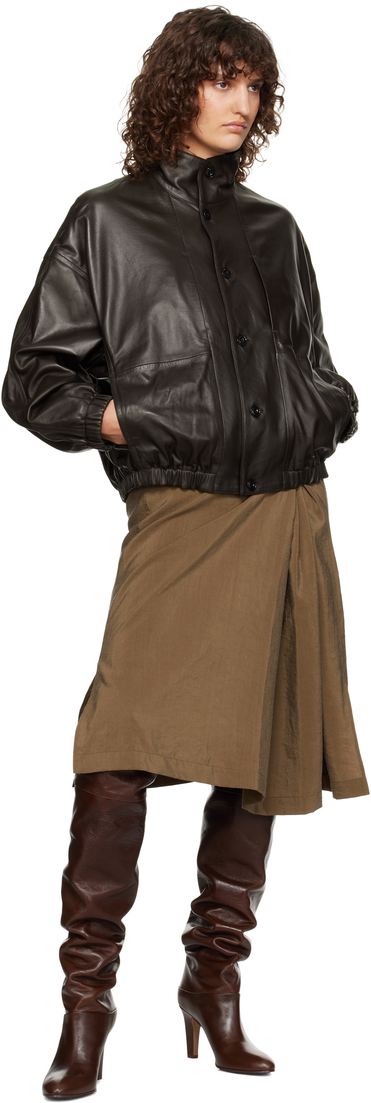 LEMAIRE Brown Stand Collar Leather Jacket Lemaire