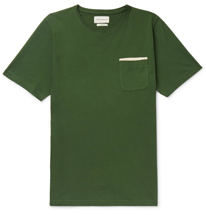 Photo: Oliver Spencer - Herringbone-Trimmed Organic Cotton-Jersey T-Shirt - Green
