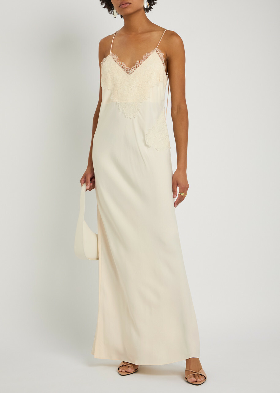 Rohe Lace-appliquéd Satin Maxi Slip Dress Cream Róhe Rohe Lace-appliquéd Satin Maxi Slip Dress Cream Róhe