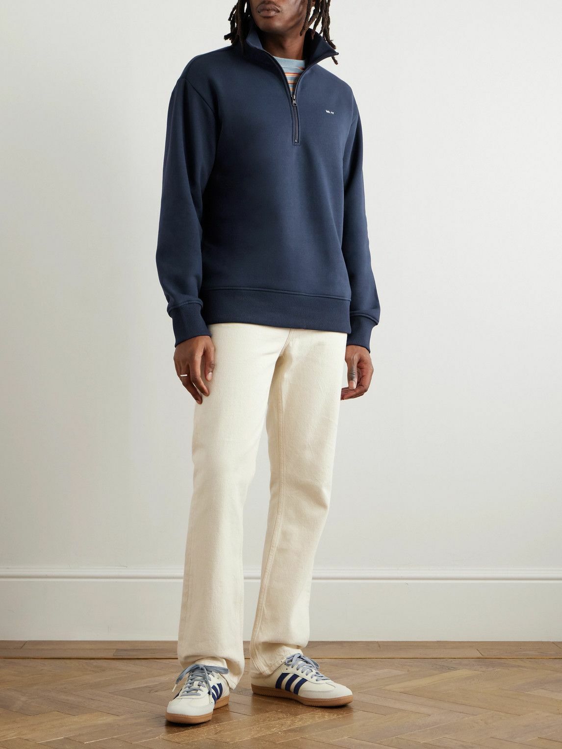 NN07 - Brigs Logo-Embroidered Organic Cotton-Blend Jersey Half-Zip Sweatshirt - Blue