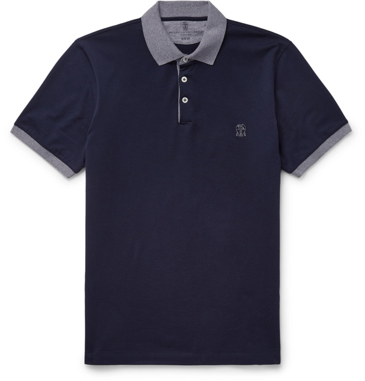 Photo: Brunello Cucinelli - Slim-Fit Contrast-Tipped Cotton-Jersey Polo Shirt - Blue