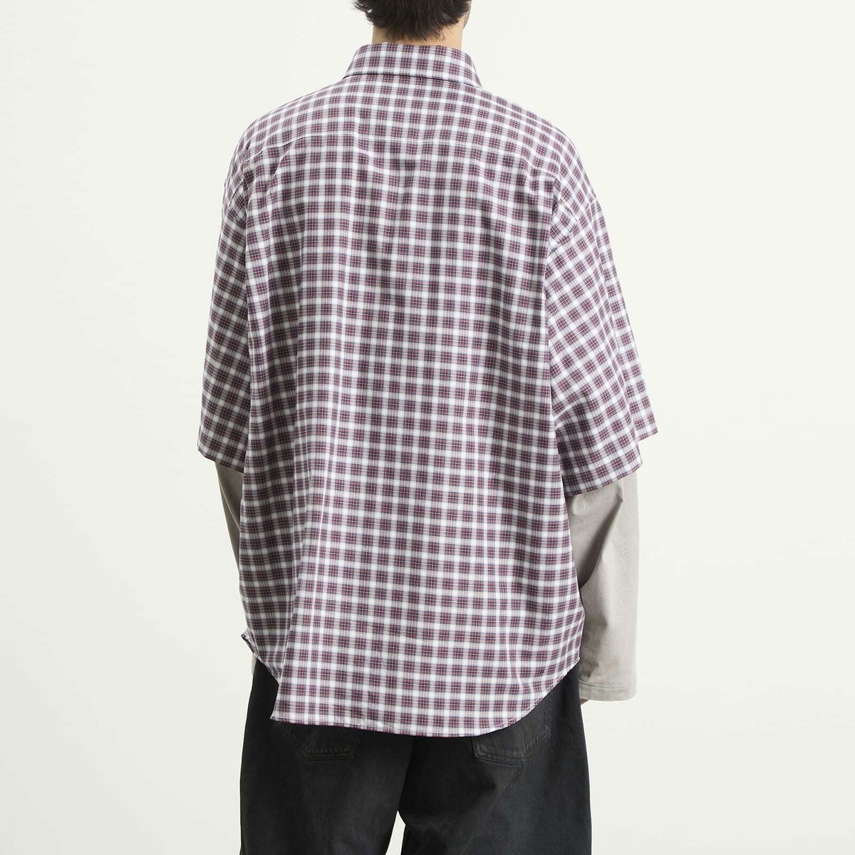 Balenciaga Men's Check Poplin Double Layer Shirt in Red/Navy