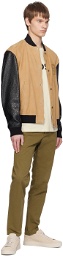BOSS Tan & Black Stand Collar Leather Bomber Jacket