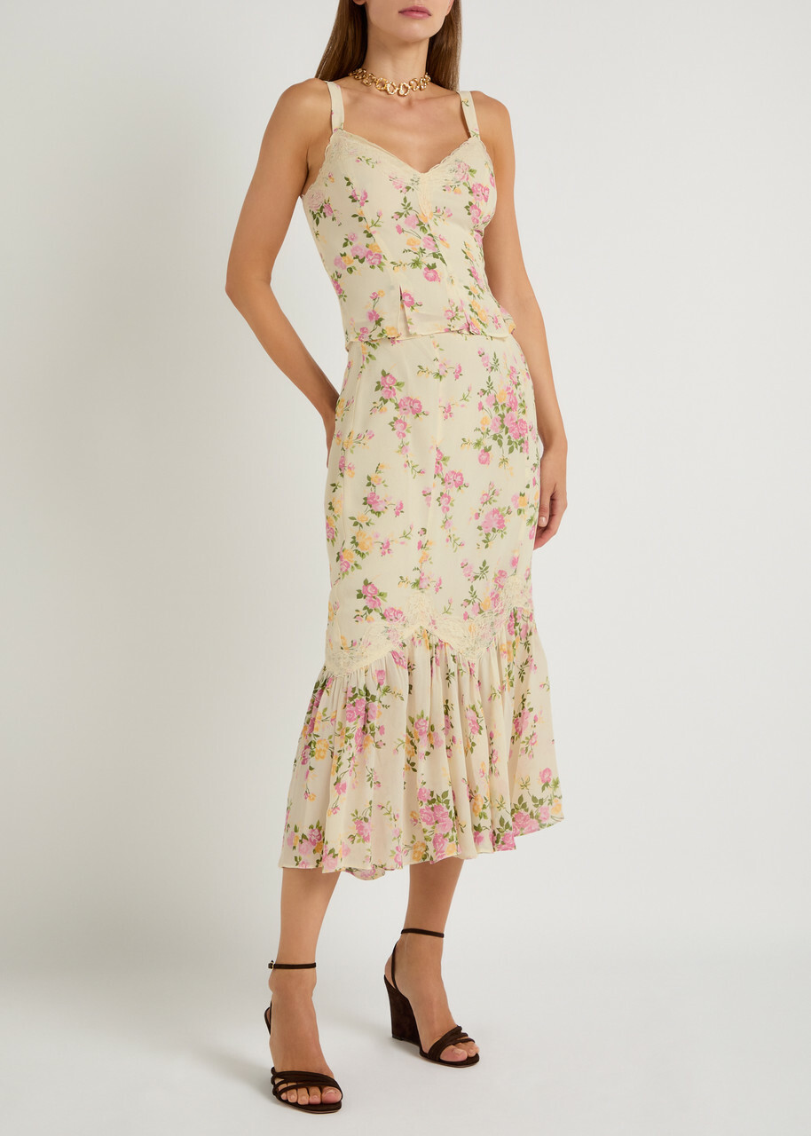 Reformation Sarita Floral Georgette top and Midi Skirt set Pink