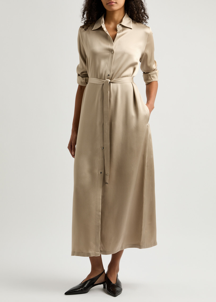 Herno Belted Satin Midi Shirt Dress Cream