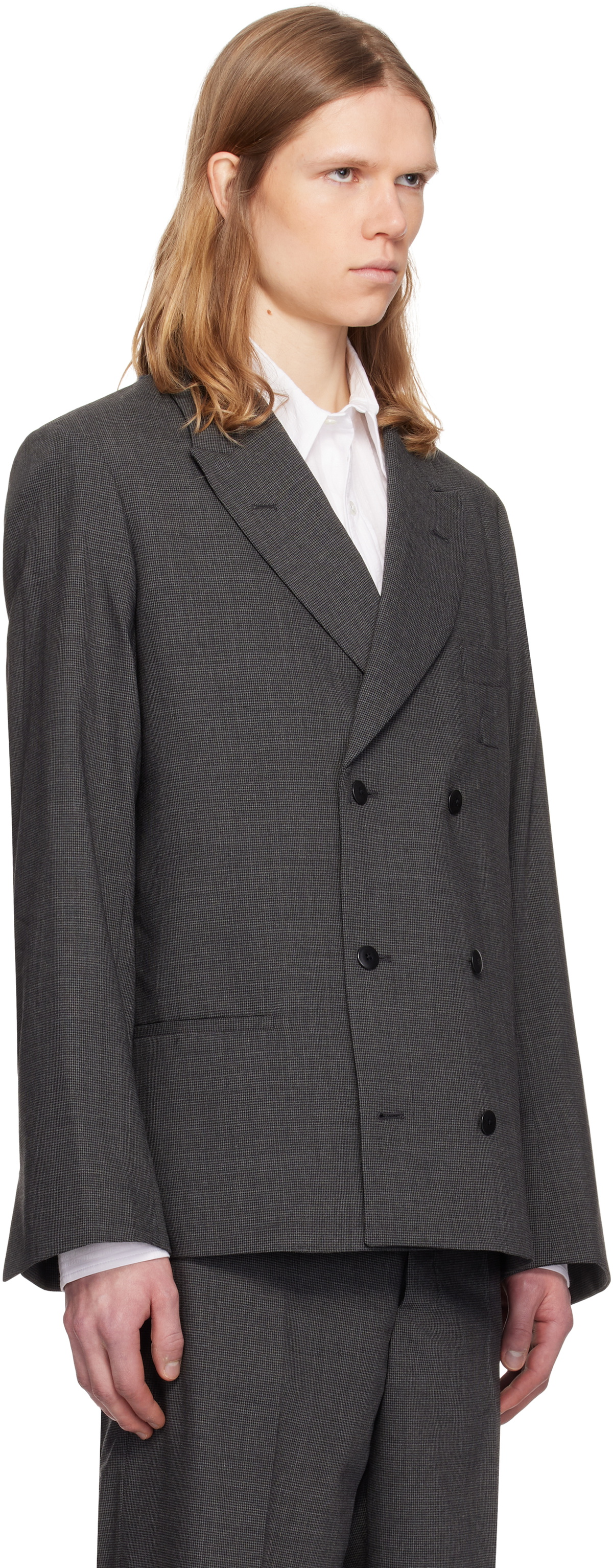 Random Identities Gray Houndstooth Wool Blend Double Breasted Blazer