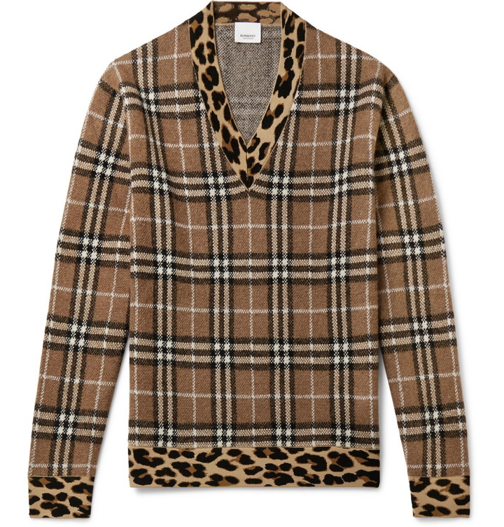 Photo: Burberry - Leopard-Trimmed Checked Jacquard-Knit Sweater - Brown